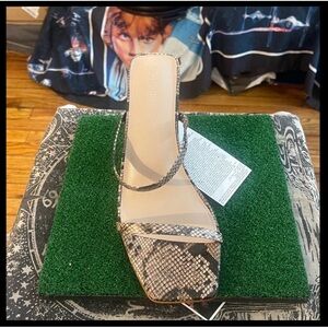 Snake-Print Square-Toe Slide Sandal in Beige and Brown